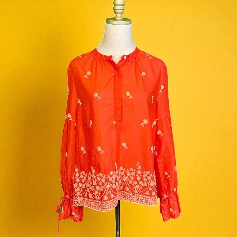 J. Crew Floral Embroidered Cotton Gauze Popover Top in Fiery Sunset Red / Orange